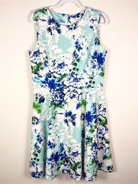 Calvin Klein Womens Floral Summer Dress Size 14 Light Aqua Fit-and-Flare Spring